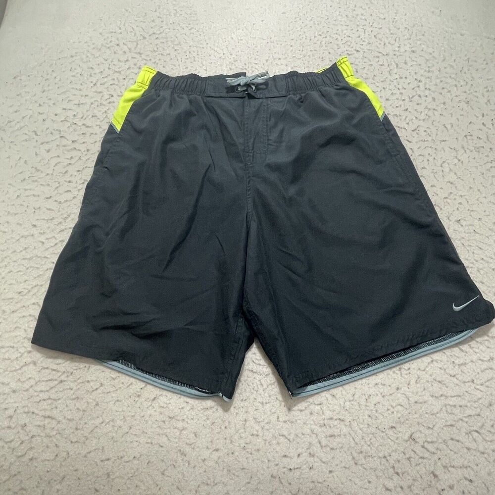 Nike Men's Medium Swim Trunks Mesh Liner Gray Green Drawstring Bathing Suit